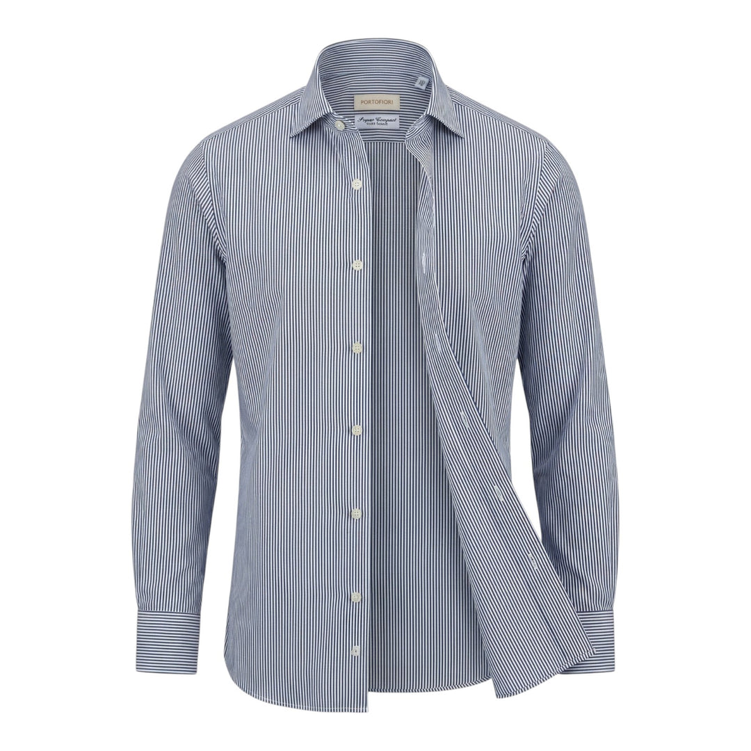 Overhemd met Lange Mouwen Custom Fit Katoen Gestrept Blauw-Wit