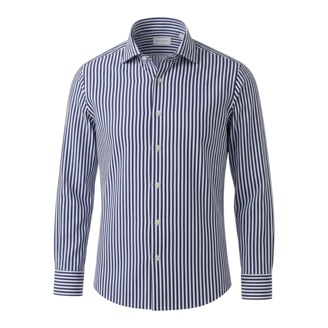 Blauw-wit gestreept strijkvrij overhemd met lange mouwen Slim fit
