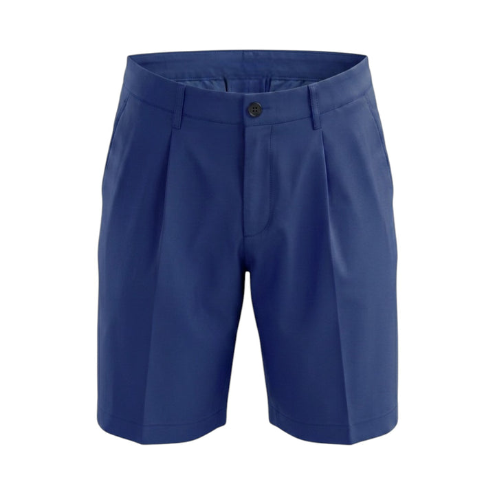 BLAUWE KATOENEN BERMUDA MET STEEKZAKKEN EN EEN PLOOI