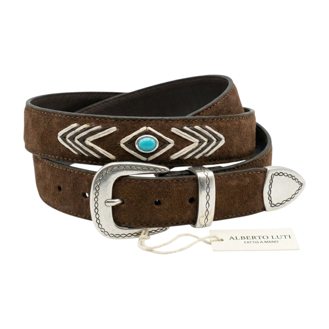 Echt Leren Riem met Borduurwerk en Burnt Turkoois